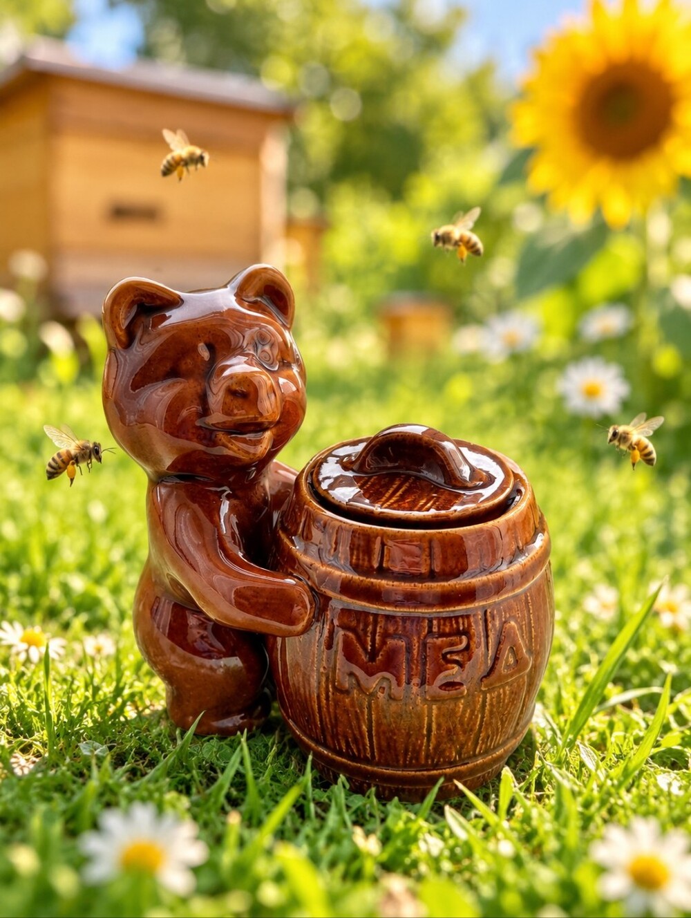 🐝🍯 Vintage 4.5-Inch Ceramic Bear Figurine with Opening Honey Pot 🍯🌻